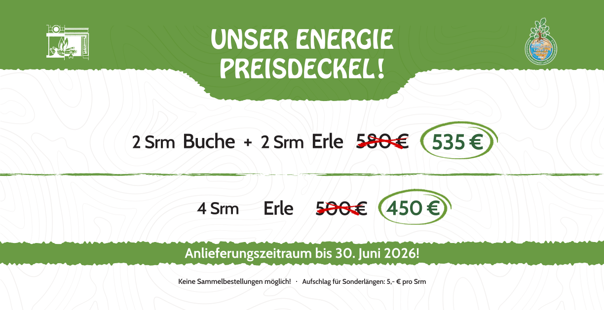 Grüne Grafik mit Preisinformationen für Buche und Erle, große Zahlen und Streichpreise